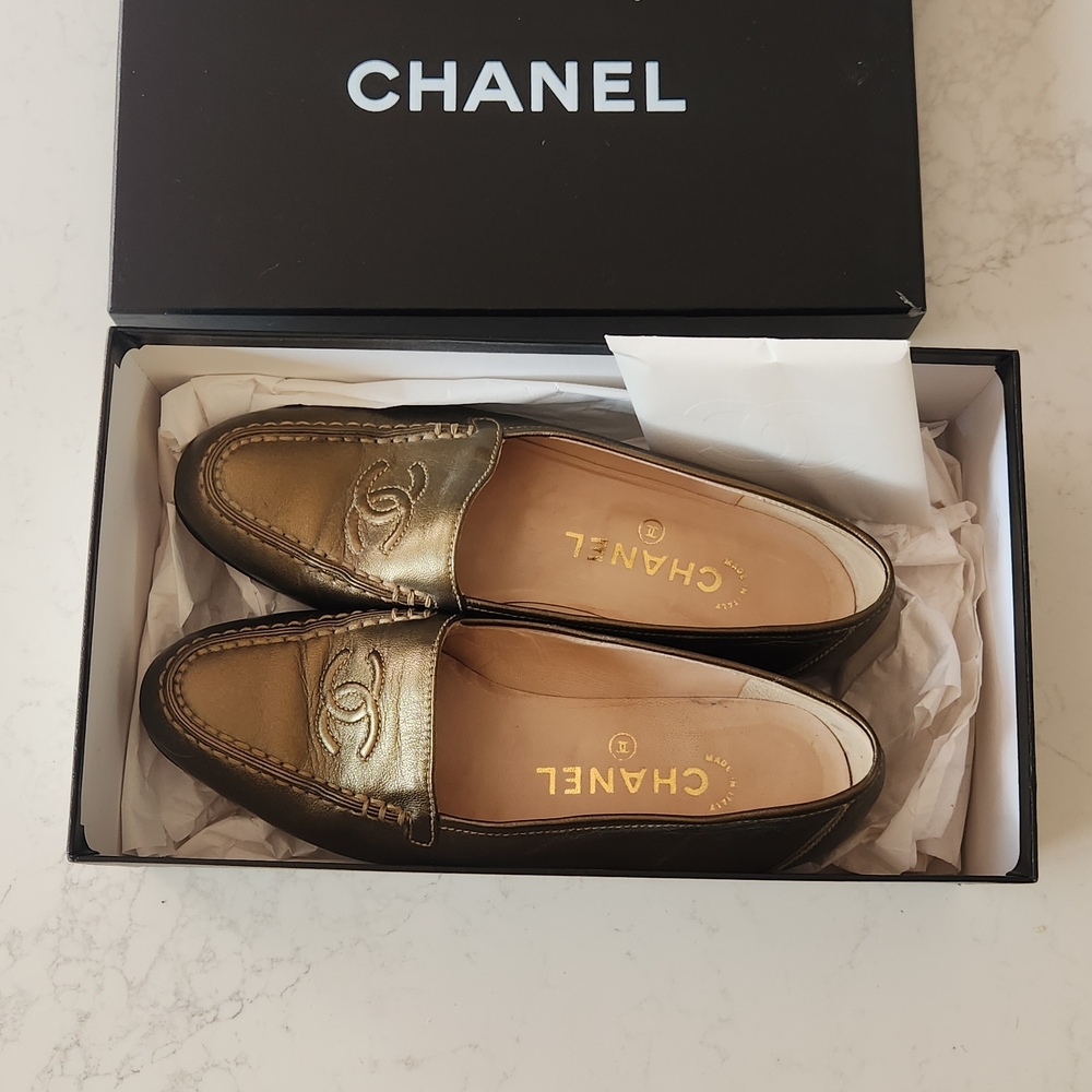 Vintage Chanel Gold Loafers With Orginal Box